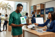 A smiling user successfully completing biometric KYC verification on a tablet in a modern African fintech office.