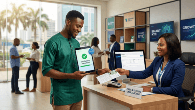 A smiling user successfully completing biometric KYC verification on a tablet in a modern African fintech office.